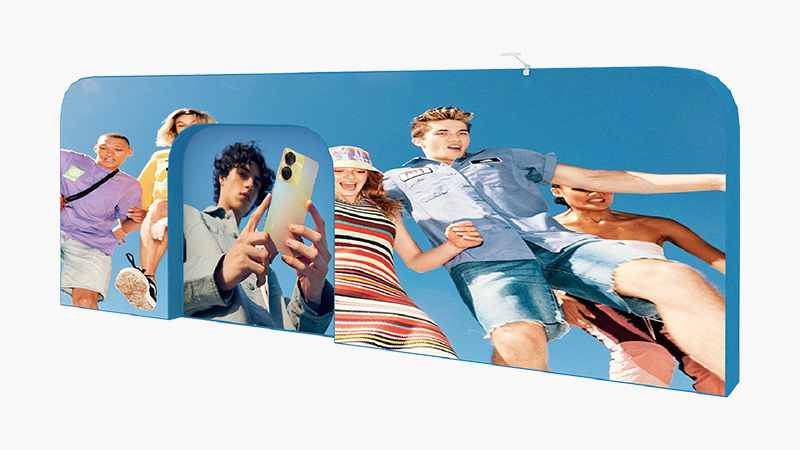 3D Tube Frame Backdrop - 3D Brand Immersion, Designed for Tight Floor Spaces 3D tube frame backdrop with multi-plane aluminum structure and fabric graphics creating an immersive brand display environment