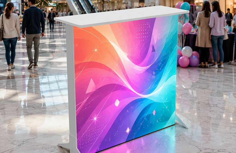LED Reception Counter - Shopping Mall Setting LED reception counter used as a retail promotion desk in a shopping mall
