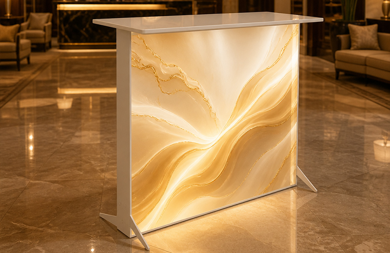 LED Reception Counter - Hotel Lobby LED reception counter as a corporate event reception point in a hotel lobby