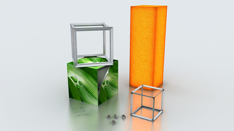 Square Column Exhibition Booth - Architectural Column Design, Compact Structure Square column exhibition booth built from modular aluminum square column profiles with fabric graphics and LED lighting